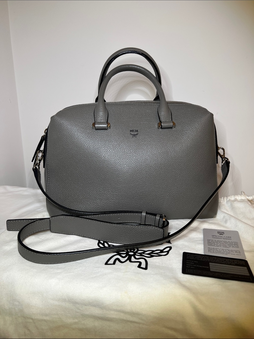 MCM Grey Pebbled Leather Satchel with Detachable Strap